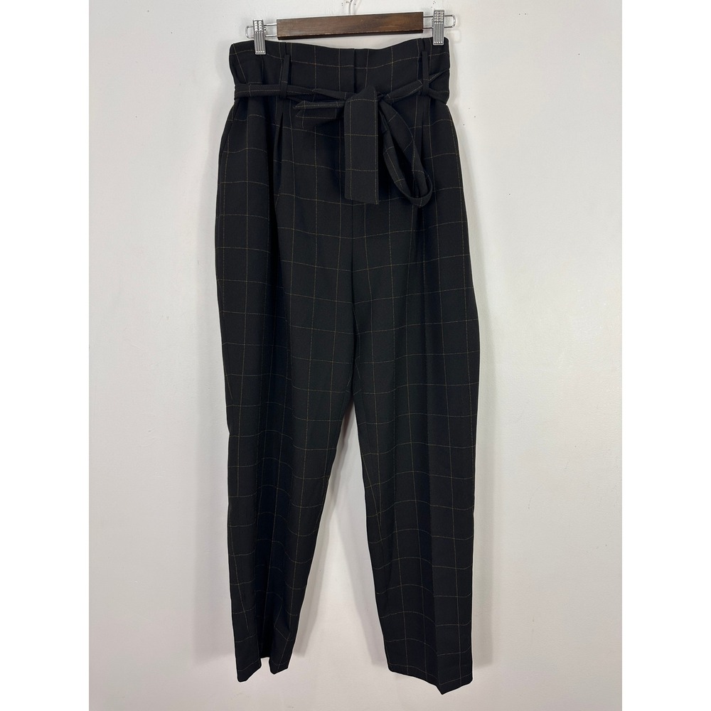 Bar III Trousers Women 16 Black Gold Windowpane Paperbag Belted Tapered Pant